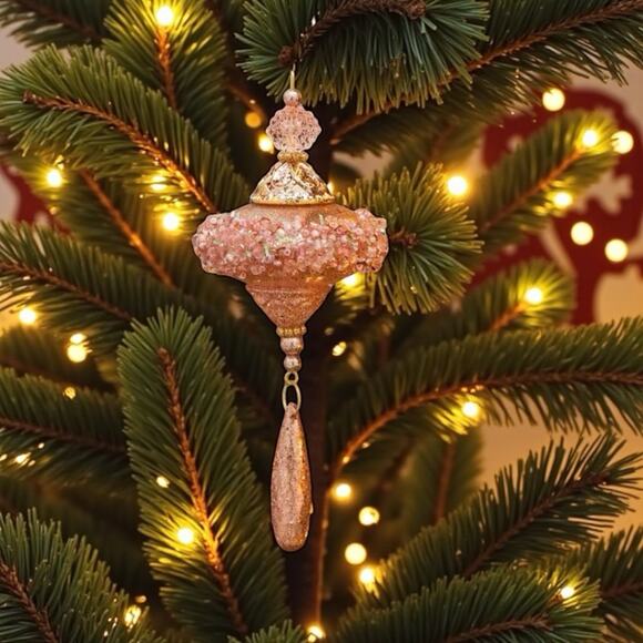 Elegant Tiered Christmas Tree Ornament Set-Gold Pink Beaded Vintage Inspired - Picture 4 of 13